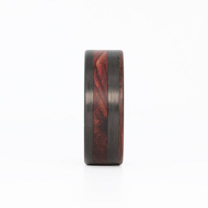 rosewood wedding ring with offset carbon fiber inlay front view