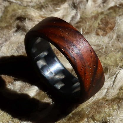 cocobolo ring with carbon fiber sleeve on bristled background