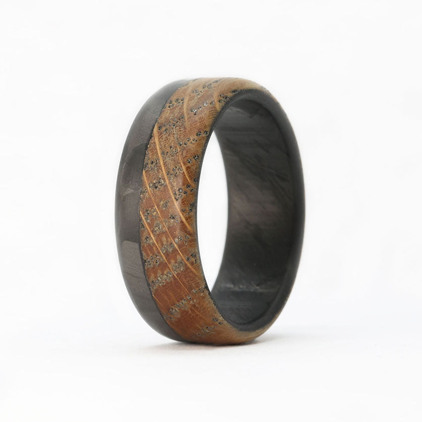 Men's whiskey barrel ring with carbon fiber