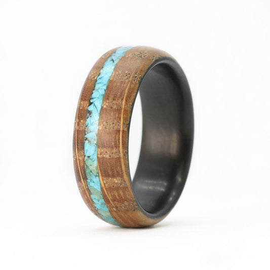 Turquoise Inlay Ring with Whiskey Barrel Wood and Carbon Fiber Interior