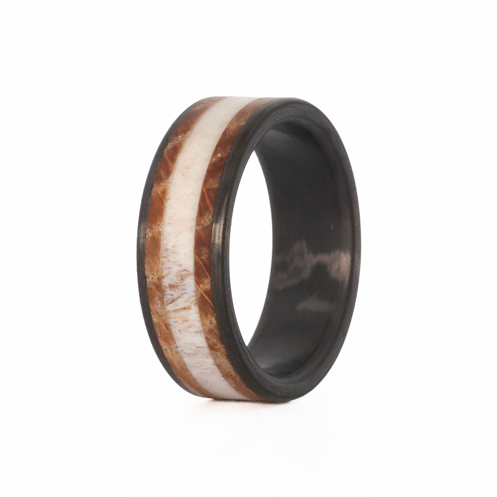 Deer Antler Men's Wedding Band with whiskey barrel wood and carbon fiber